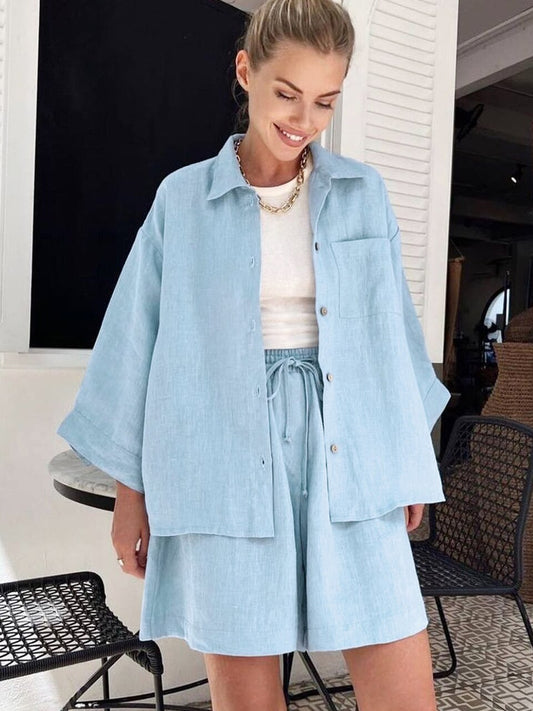 Loose Women's Nightwear 2 Piece Sets Blue Three Quarter Sleeve Sleepwear Female Casual Suits With Shorts Spring Pajamas