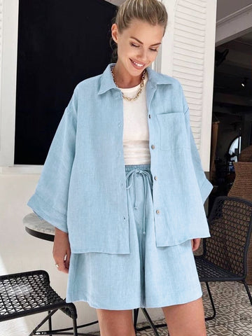 Loose Women's Nightwear 2 Piece Sets Blue Three Quarter Sleeve Sleepwear Female Casual Suits With Shorts Spring Pajamas